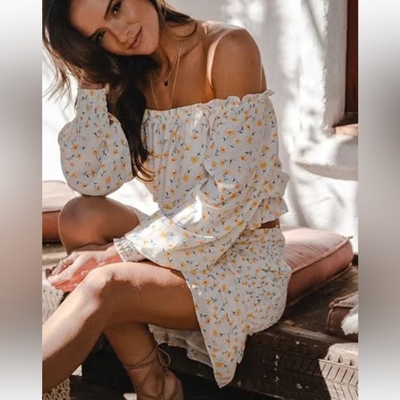 Aqua Floral Print Smocked skirt and top - Picture 3 of 7